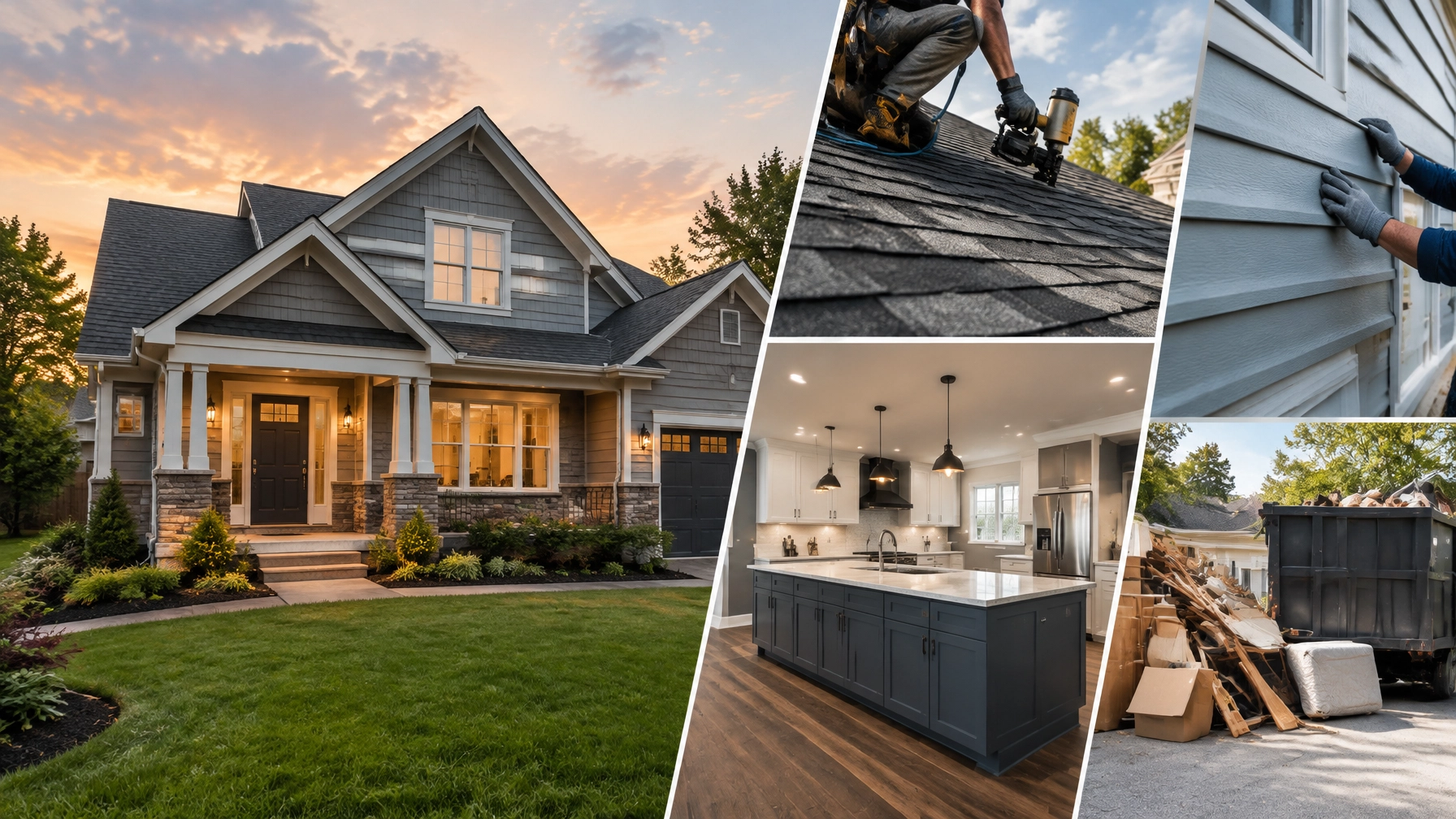 Renovated home with examples of roofing, siding, kitchen work, and a clean out
